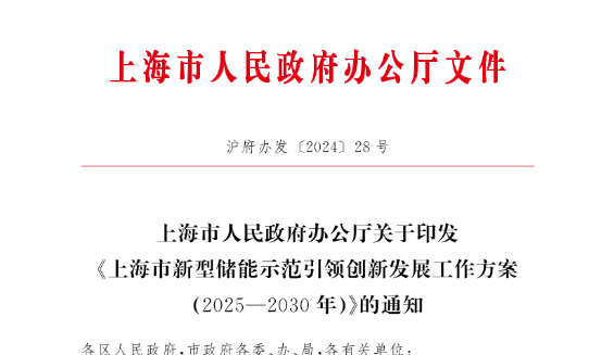 上海市人民政府办公厅关于印发《上海市新型储能示范引领创新发展工作方案(2025—2030年)》的通知